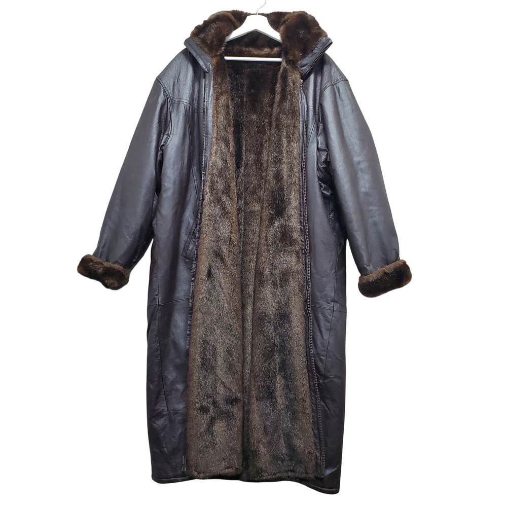 Mark Andre Genuine Leather Trench Coat Mens 2XL Brown Faux Fur Lined Full Zip